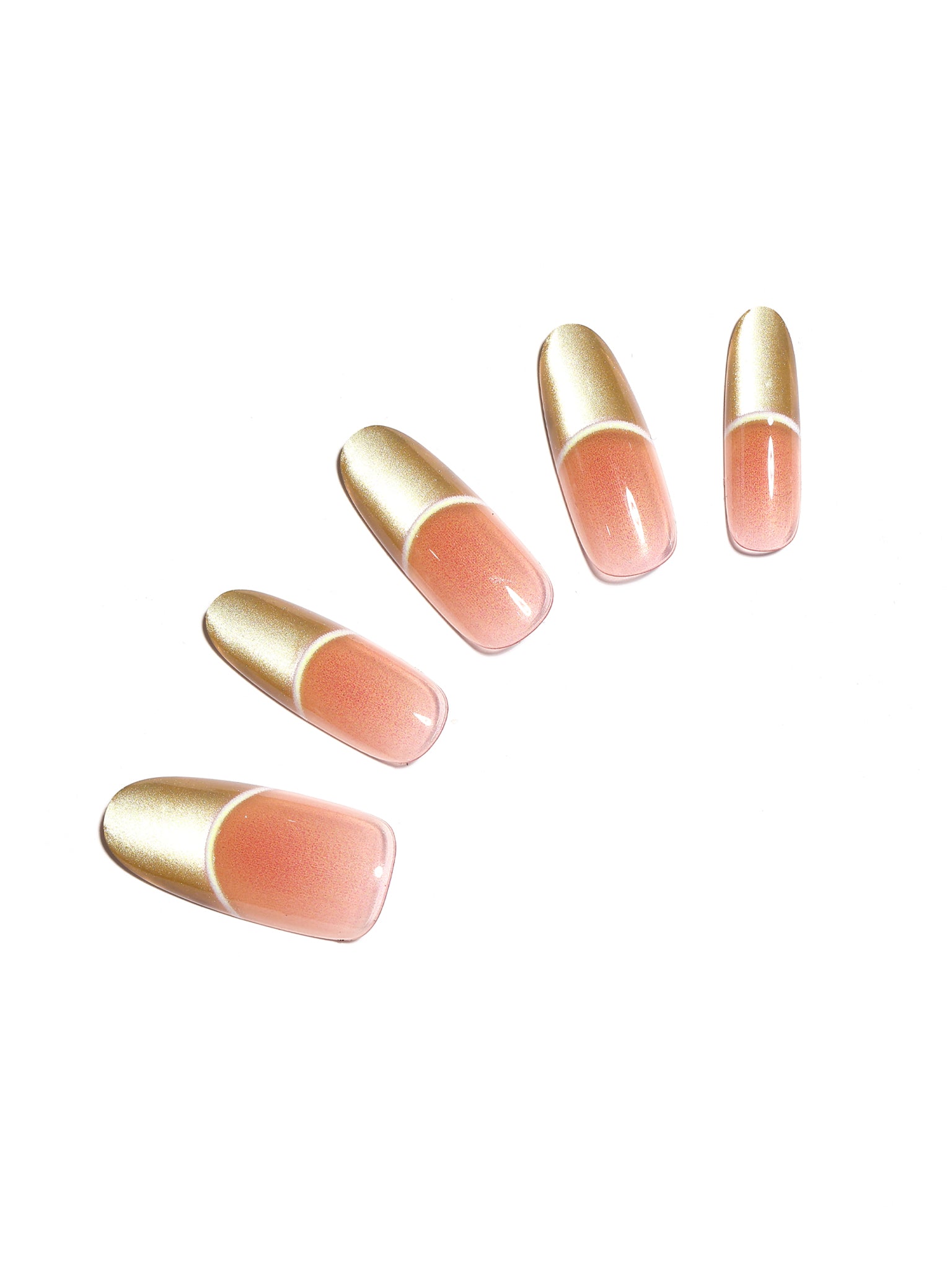 Gold French tip oval press-on nails with nude base on white background